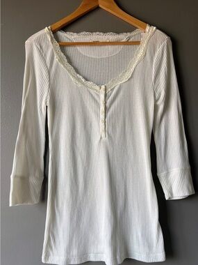 Old Navy Sheer Cream Ribbed Lace Trim Henley Top